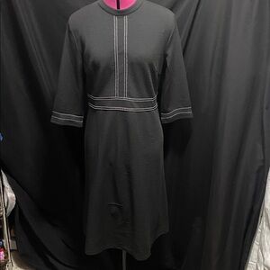 NWT Homeyee Black white embroidered stitching three-quarter sleeve midi Dress 10